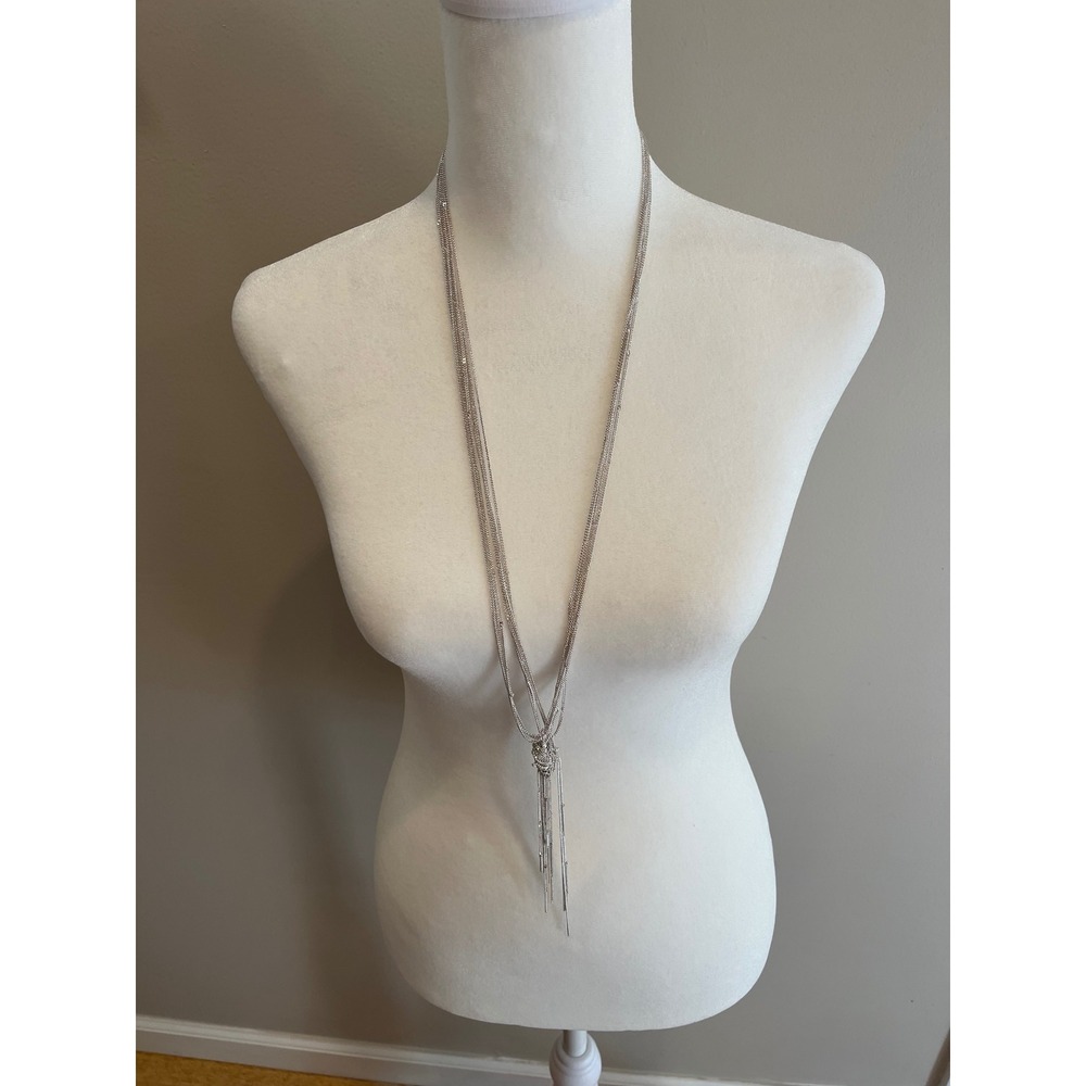 Chicos Silver Tone Multi Strand Long Knot Fringe Lariat Necklace Adjustable